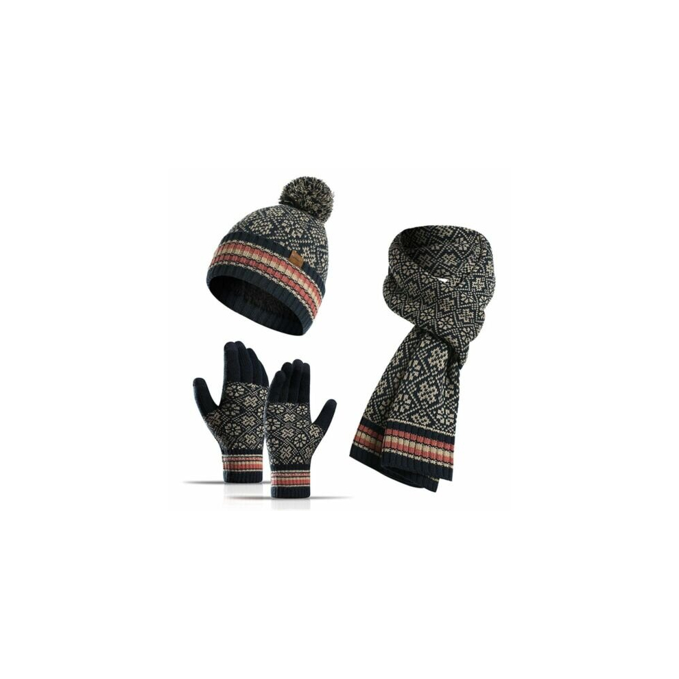 (Navy ) Ladies Hat Scarf And Gloves Set Warm / Lined Beanie Hat Touchscreen Gloves Blue