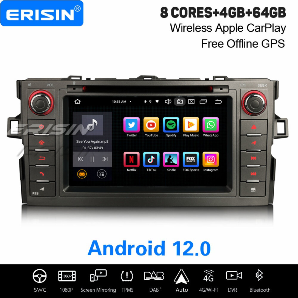 8-Core Android 12 Car Stereo For Toyota Auris Dab+ Satnav Carplay Android Auto Dsp Bluetooth 5.0 Wifi Dvr Dvb-T 4Gb+64Gb 737655236989