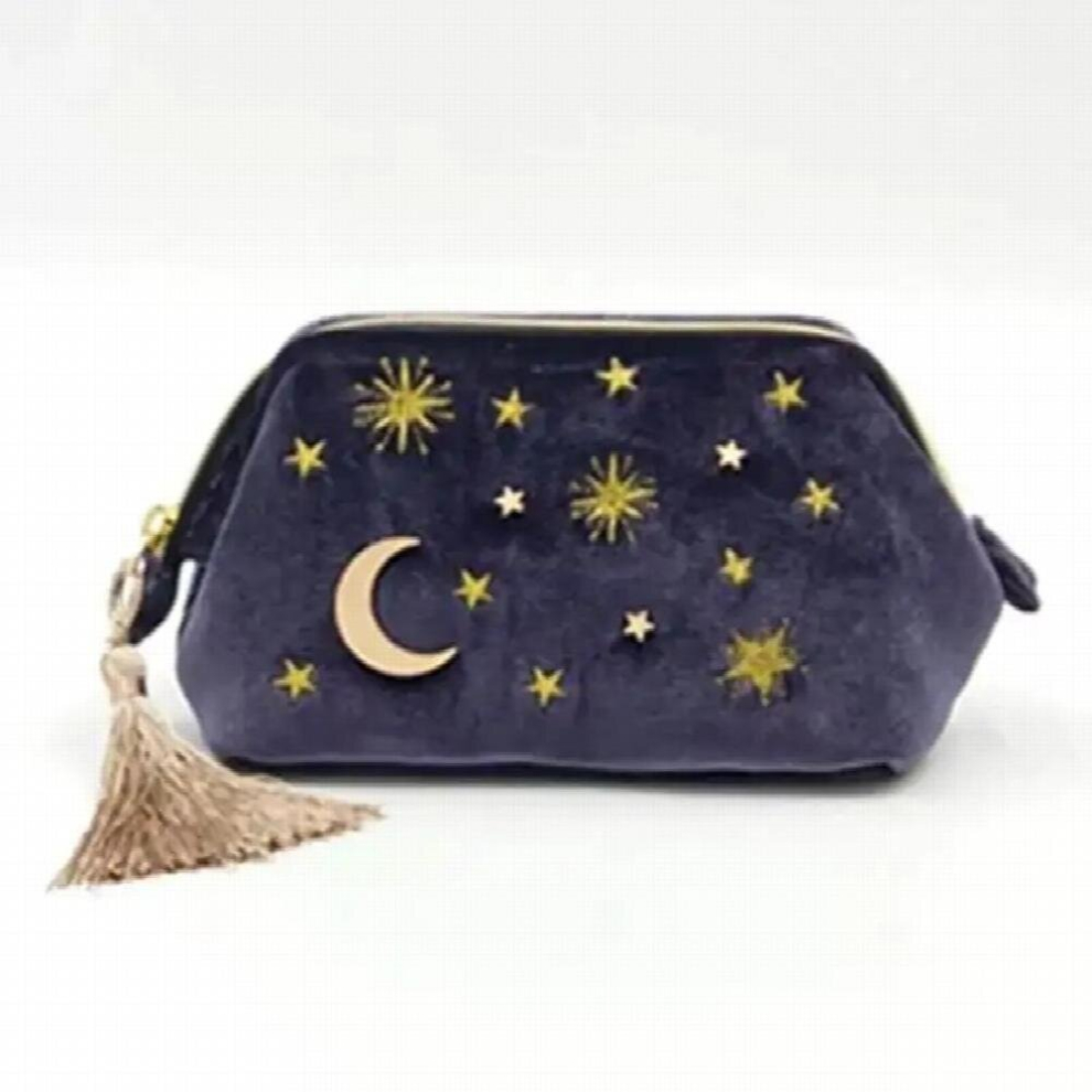 Blue Velvet Embroidery Cosmetic Bag Travel Organizer Women Makeup Bag Zipper Make Up Pouch With Moon Star Tassel Deco