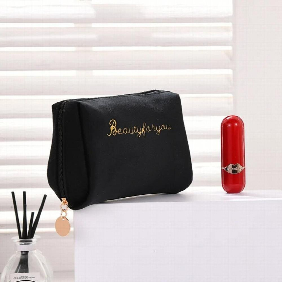 Black 1 Pc Women Zipper Velvet Make Up Bag Travel Large Cosmetic Bag For Makeup Solid Female Make Up Pouch Necessaries