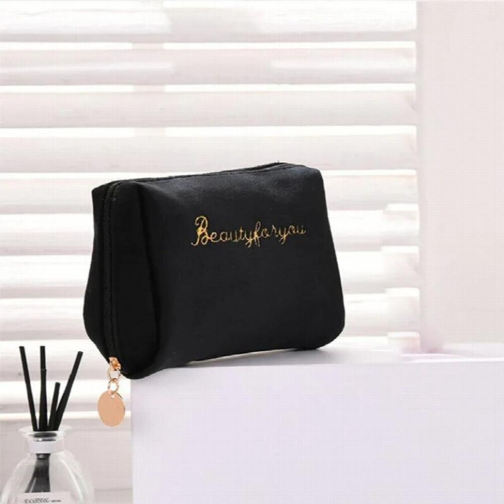 Black 1 Pc Women Zipper Velvet Make Up Bag Travel Large Cosmetic Bag For Makeup Solid Female Make Up Pouch Necessaries