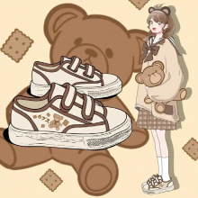 Japanese Women Hook & Loop Bear Sneakers Cartoon Casual Canvas Shoes Girls Thick Heel Sneakers Running Shoes