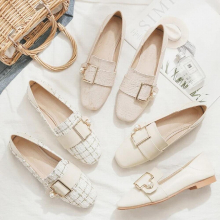 Women Flat Boat Shoes Chaussures De Femme Large Size 43 44 45 Square Head Comfortable Pearls Loafers