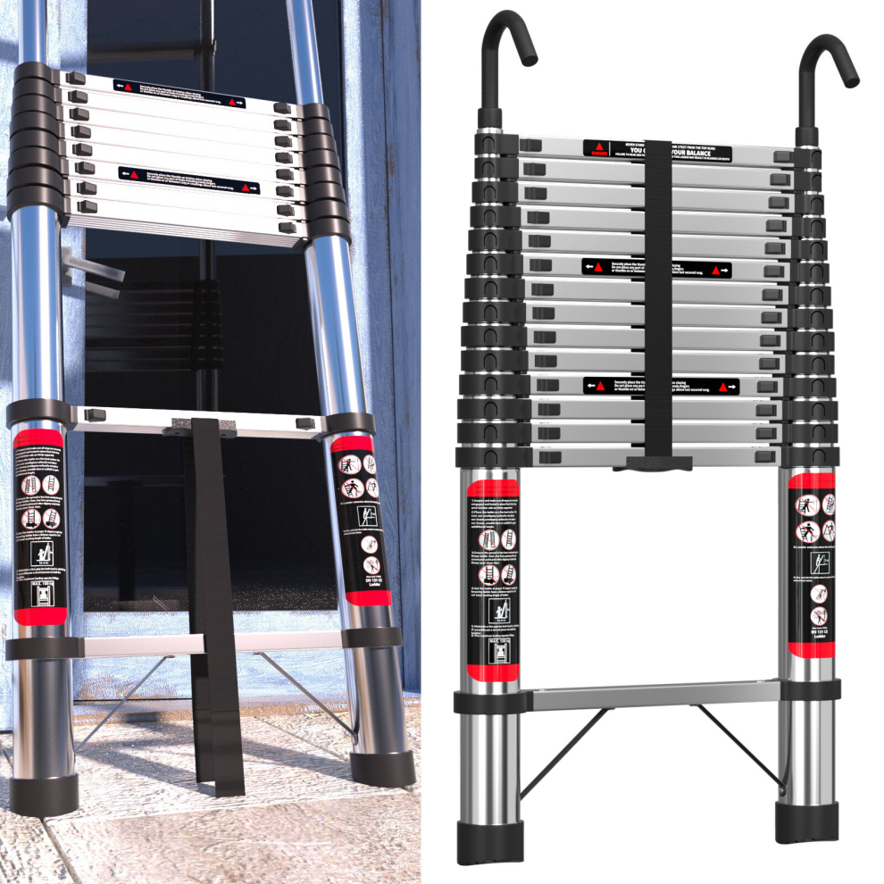 (4.4M) Telescopic Ladder with Hook Stainless Steel Heavy Duty Extendable Foldable Multi Purpose Ladder EN131 Safety Approved