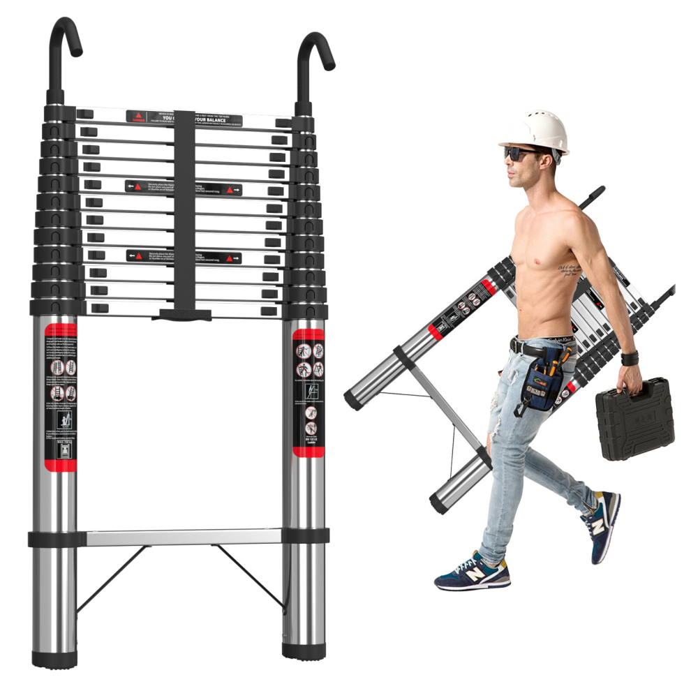 (5M) Loft Extension Ladder With Hook Stainless Steel Telescopic Ladder For Outdoor Rv Heavy Duty 330Lbs/150Kg Capacity En131 Approved 721703281342