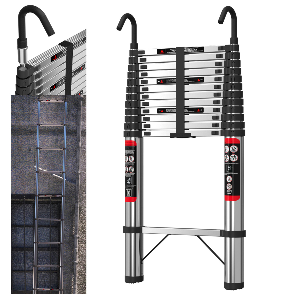(4.4M) Telescopic Extension Ladder Stainless Steel with Hook for Reach Loft Roof Extendable Heavy Duty Up to 330lbs EN131 Safety Approved
