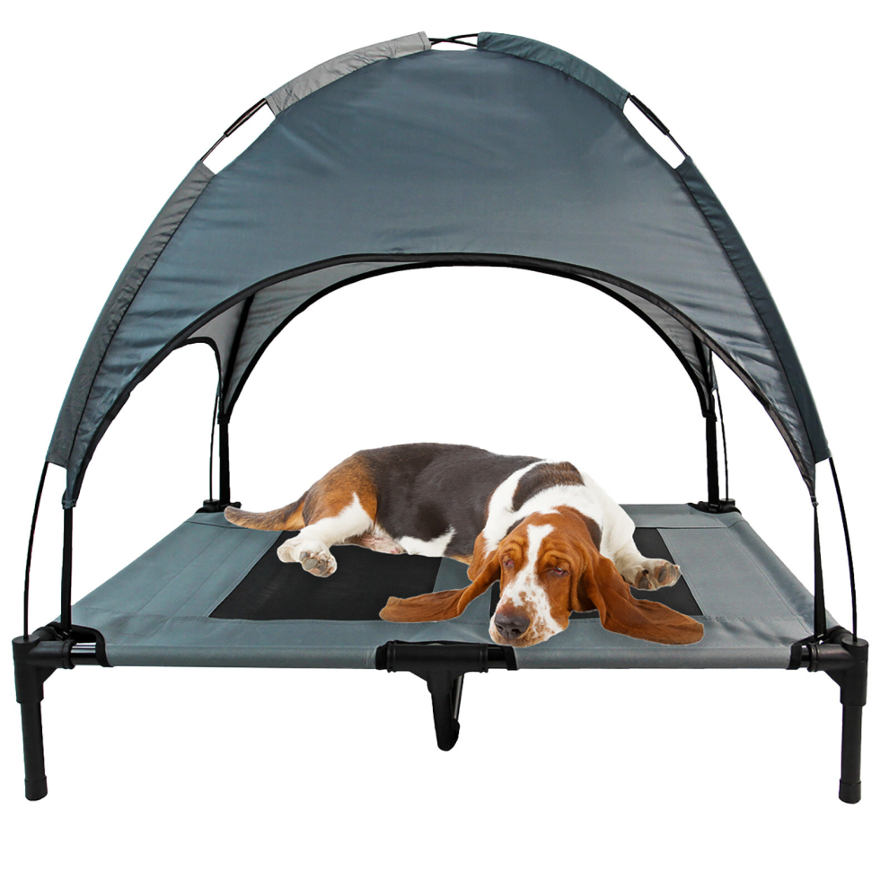Large Grey Elevated Dog Bed Pet Mesh Camping Cot with Canopy Cover