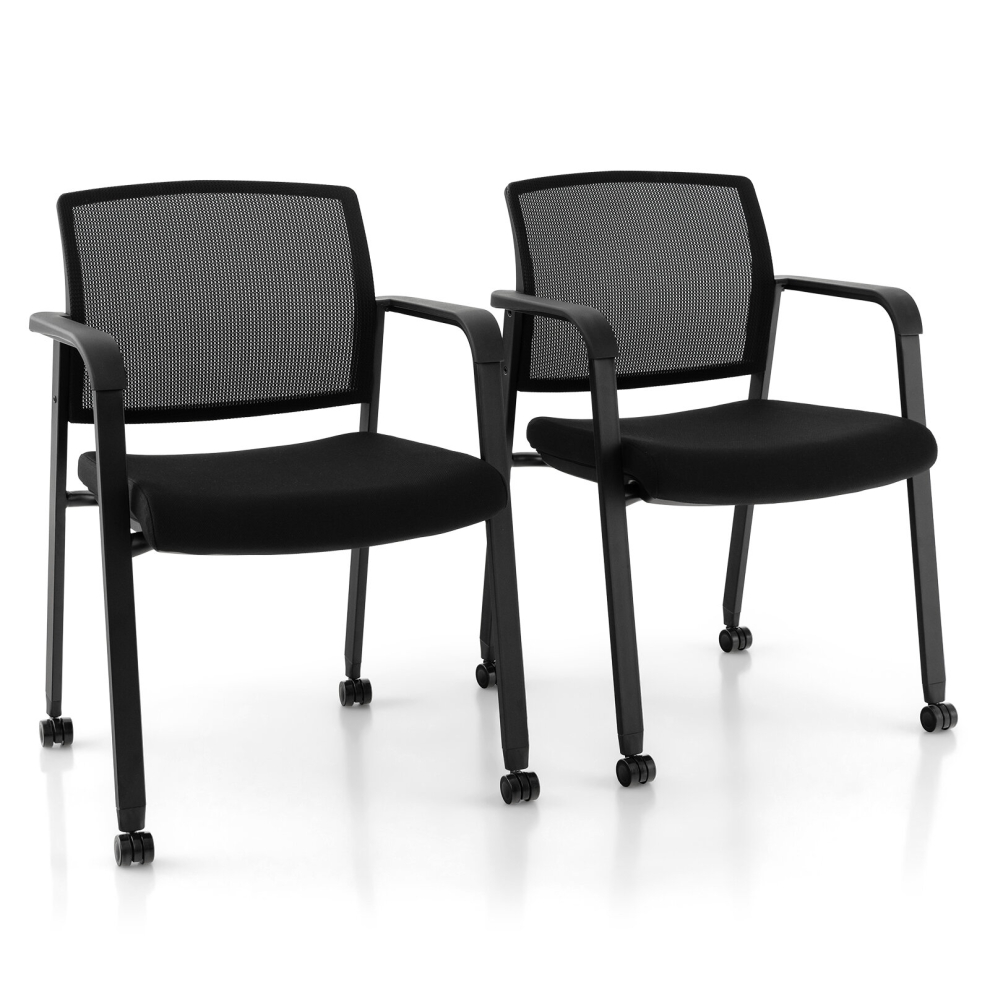 Set of 2 Meeting Room Office Chairs Stackable Office Guest Mesh Chairs W/ Wheels