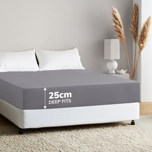 (Double Fitted Bed Sheets, Grey 25cm Plain Fitted Sheet) Fitted Bed Sheets 25cm/40cm Extra Deep Mattress Sheet Single Double King
