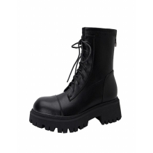 Youth Winter Ankle Boots Leather Round Toe Low Heels Zipper Lace-up Size 43 Dark Brown Retro S2614