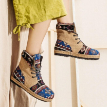 Harajuku Embroidery Women Linen Cotton Short Ankle Boots Lace Up Comfort Ladies Flat Espadrilles Booties Vegan Shoes