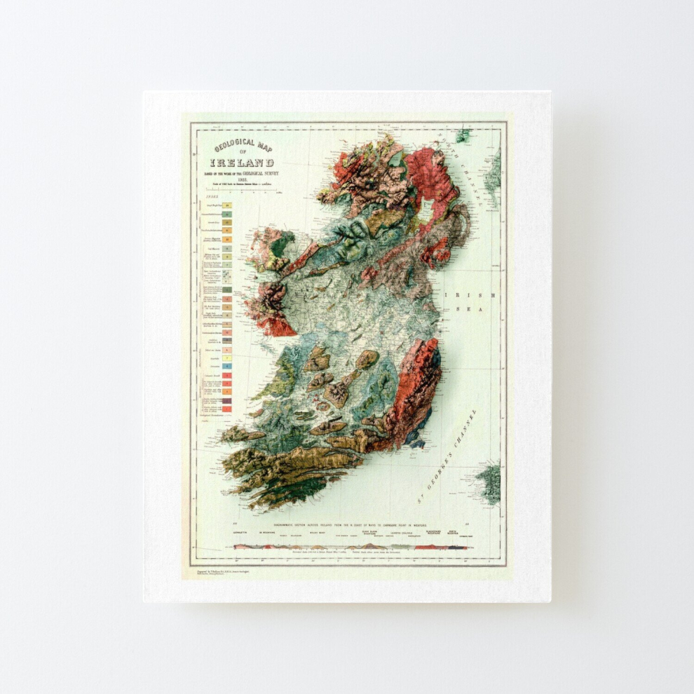 Canvas Print Only 1926 Geological Relief Map of Ireland 3D digitally-rendered Poster Wall Art Room Decor 16x20 inch No Frame