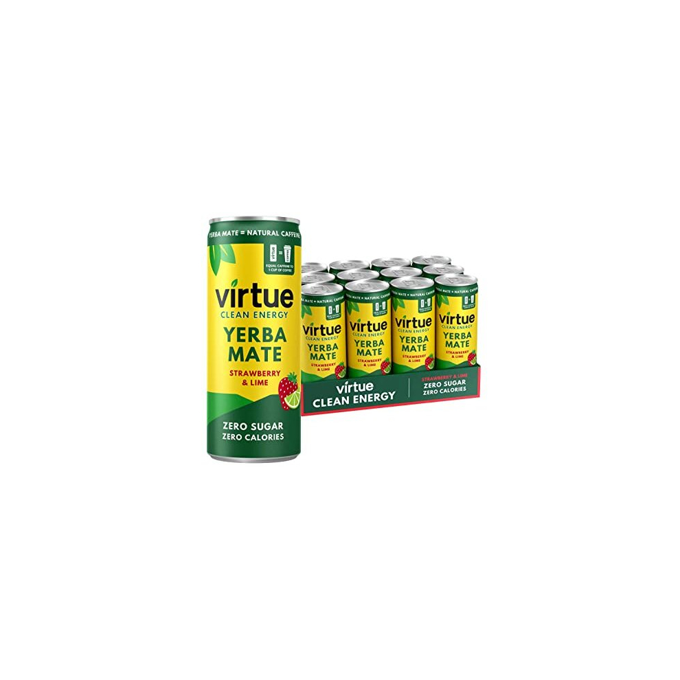 Virtue Yerba Mate - Natural Energy Drink - Sugar Free, Zero Calories, Vegan, Keto Friendly, Gluten Free - 12 x 250ml (Strawberry & Lime)