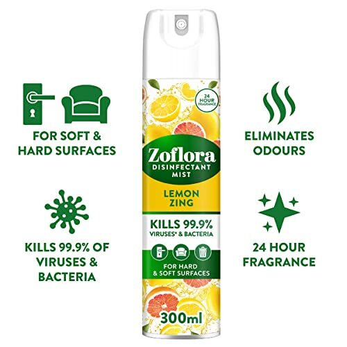 Zoflora Lemon Zing Aerosol Mist 300 ml, AntiBacterial Mist Spray, AntiViral Mist, Air