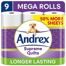 Andrex Supreme Quilts Mega Toilet Roll - 9 Mega Rolls (13.5 Standard Toilet Rolls), 3-ply Quilted Toilet Paper, 25% Thicker Paper than Before to
