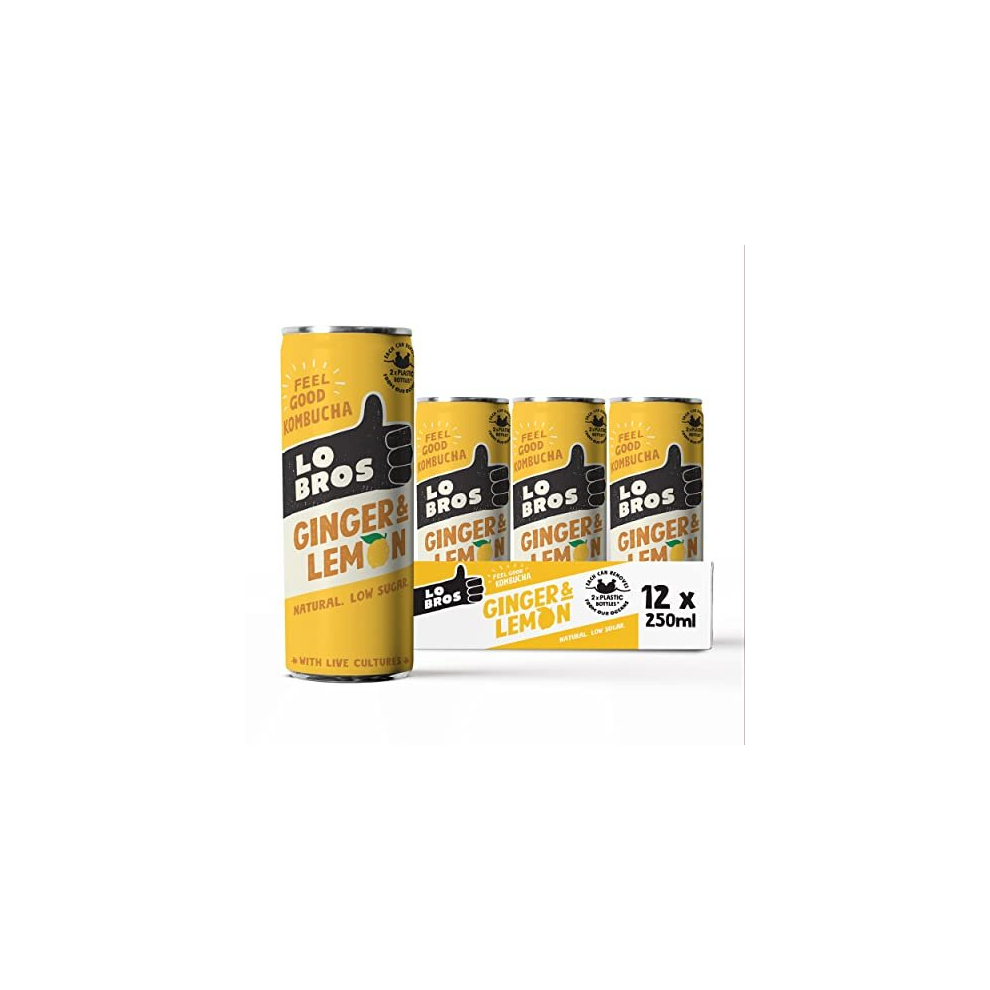 Lo Bros Kombucha - Ginger & Lemon - 250ml per Can - Pack of 12 - 100% Natural, Low Calorie - Vegan, Gluten Free, Low Sugar, Live Cultures