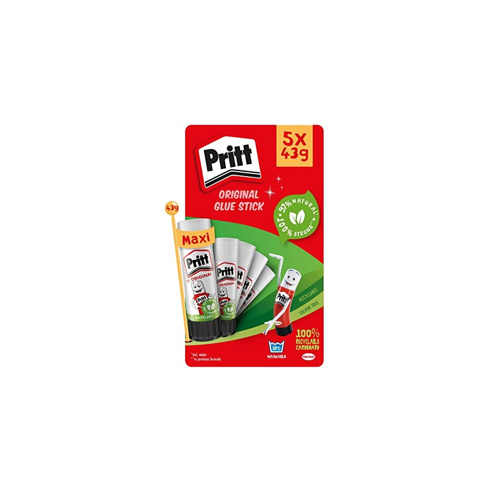 Pritt Glue Stick, (Pack of 5 x 43g) Safe & Child-Friendly Craft Glue for Arts & Crafts Activities, Strong-Hold adhesive for School & Office Supplies,