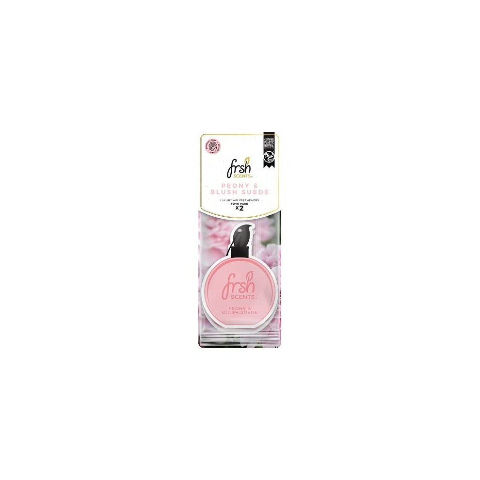 FRSH Scents FR1324 Peony & Blush Suede Luxury Card Air Freshener ? Lifespan of up to 30 Days ? Ideal for rear-view mirrors and hanging handles ? Twin