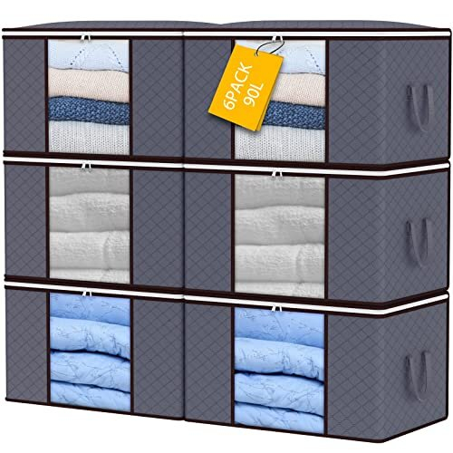 90L Storage Bags, 6Pack Clothes Storage, Large Capacity Clothes Storage Bags with Zips, Foldable Clothes Storage Bags with Reinforced Handle