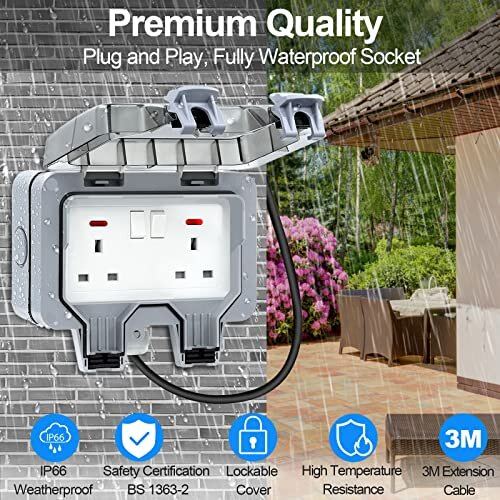 Weatherproof Outdoor Socket Waterproof Double Socket 3M Extension Lead ...