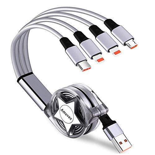 Amuvec Multi 4 in 1 Retractable Charging Cable, 1M 3A Fast Phone Charger Cables with Lightning Type C Micro USB Connector, for iPhone, Samsung