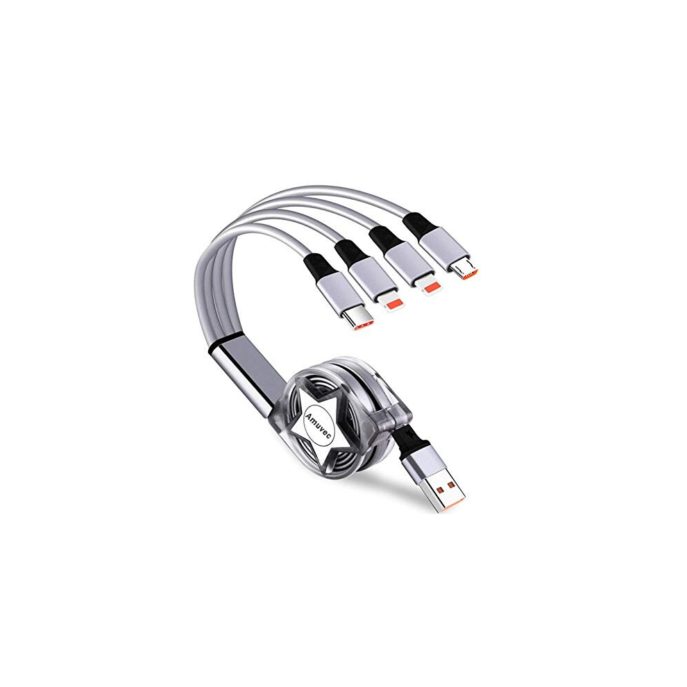 Amuvec Multi 4 In 1 Retractable Charging Cable, 1M 3A Fast Phone Charger Cables With Lightning Type C Micro Usb Connector, For Iphone, Samsung 5051211107861