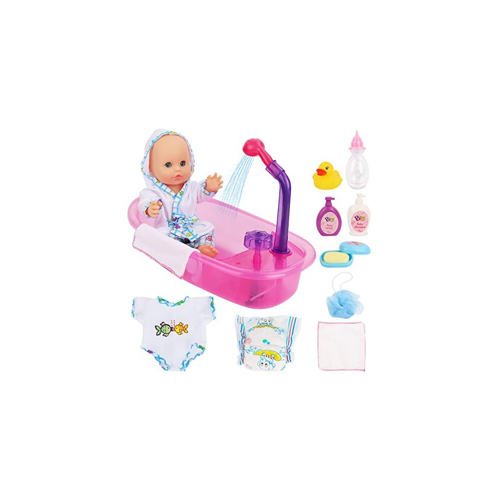 deAO Baby Doll Bath Play Set with Real Water Faucet Function and Baby Doll Accessories, Baby Doll Clothes, Dolls for 3 4 5 6 7 8 Year Olds Girls,