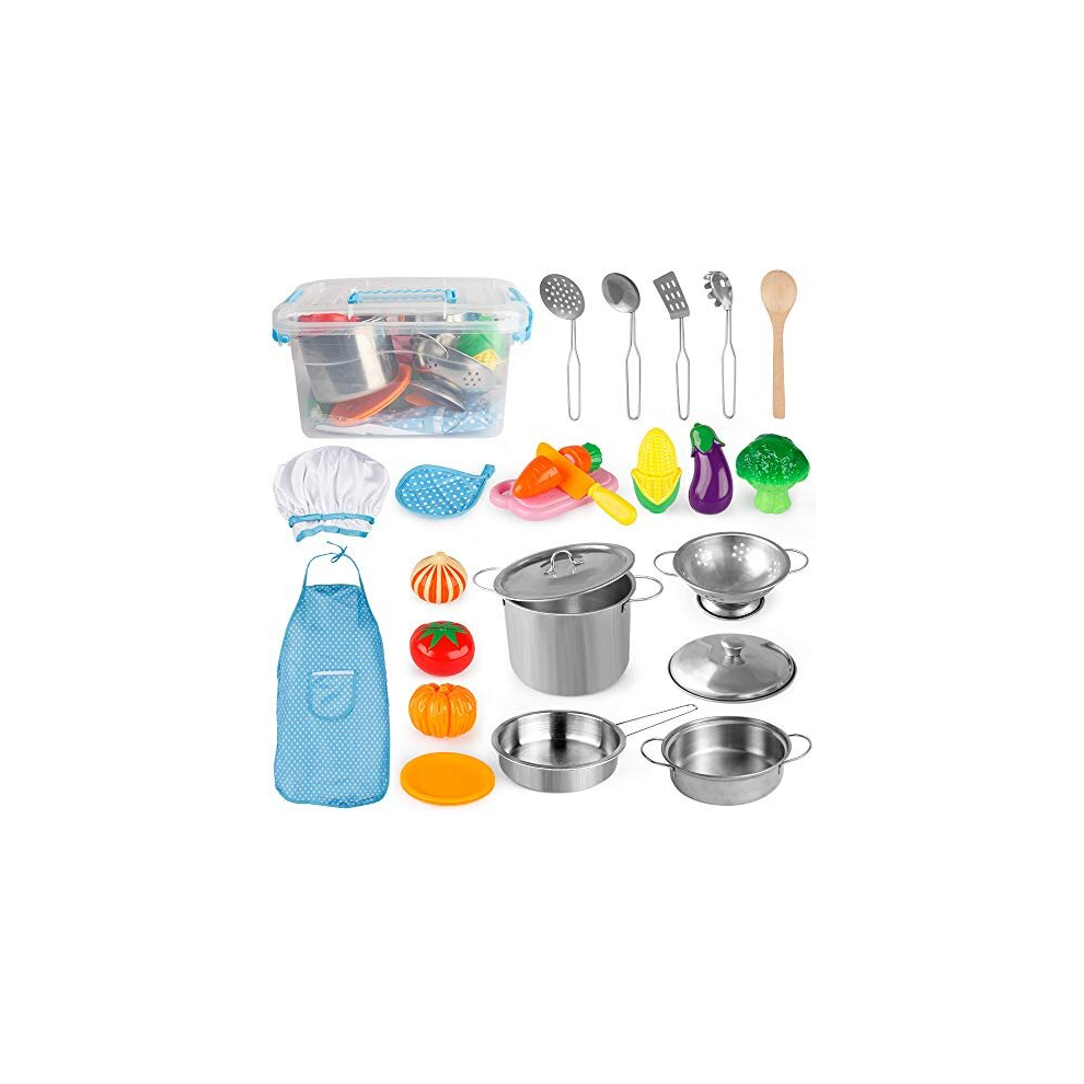 D-FantiX Pretend Play Toy Kitchen Accessories Pots and Pans Kids Kitchen Playset, Utensils, Apron and Chef Hat, Cutting Vegetables Play Cooking Set