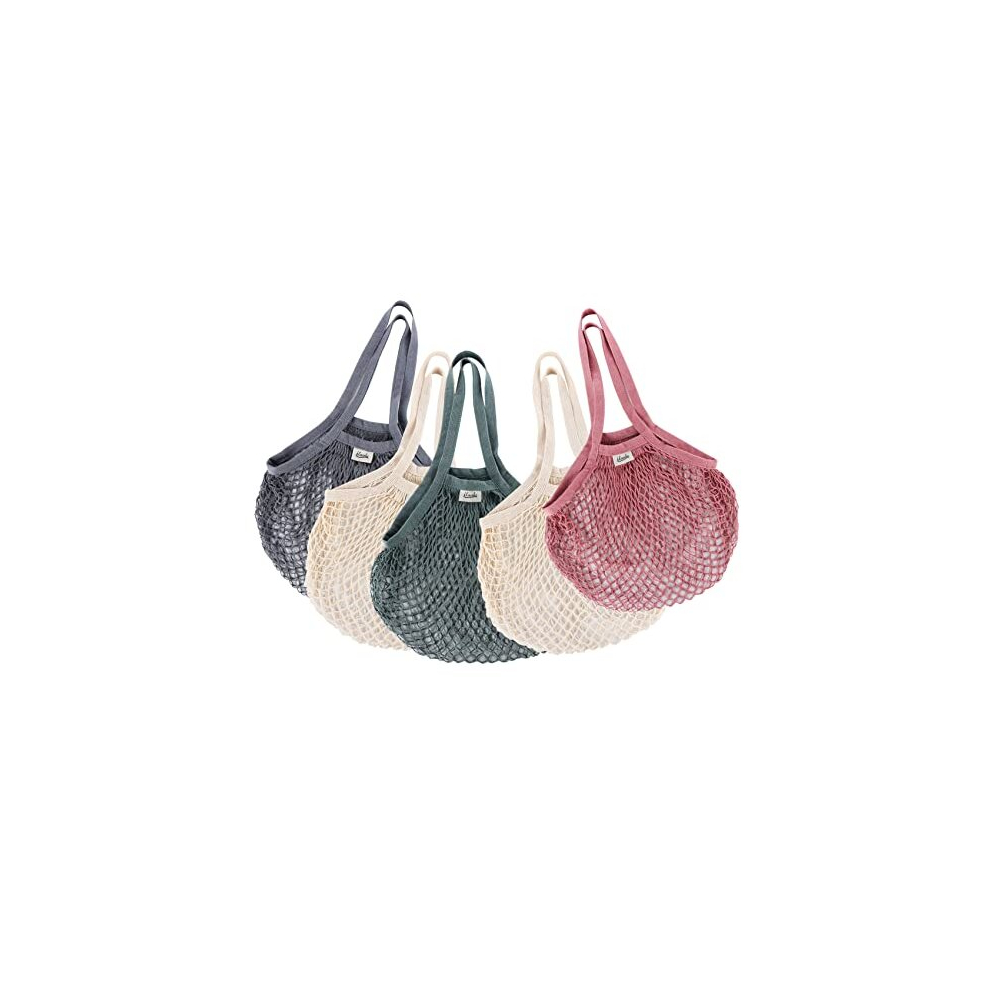 ilauke 5 Packs Reusable Grocery Mesh Bags, Portable and Washable Cotton String Shopping Bag with Long Handle, Cotton Mesh Produce Bag Set for Fruit