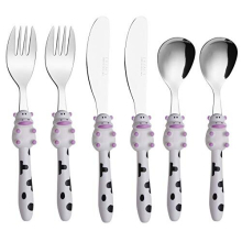Exzact Children's Cutlery Stainless Steel 6pcs Set/Kids Cutlery/Toddler Utensils/Flatware - 2 x Forks, 2 x Safe Dinner Knives, 2 x Dinner Spoons (Cow