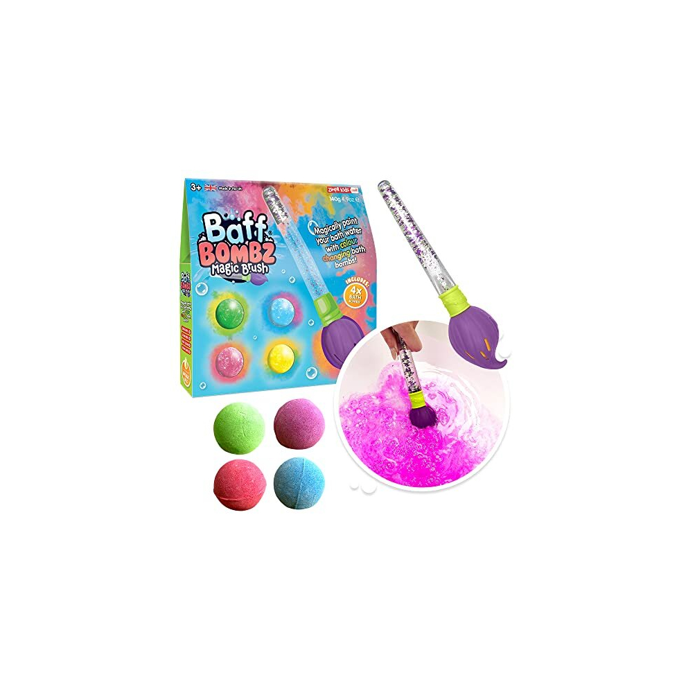 Baff Bombz Magic Brush from Zimpli Kids, 4 x Bath Bombs, Magically Paint your Bath Water, Creative Bath Toy for Children, Birthday Gifts for Boys &