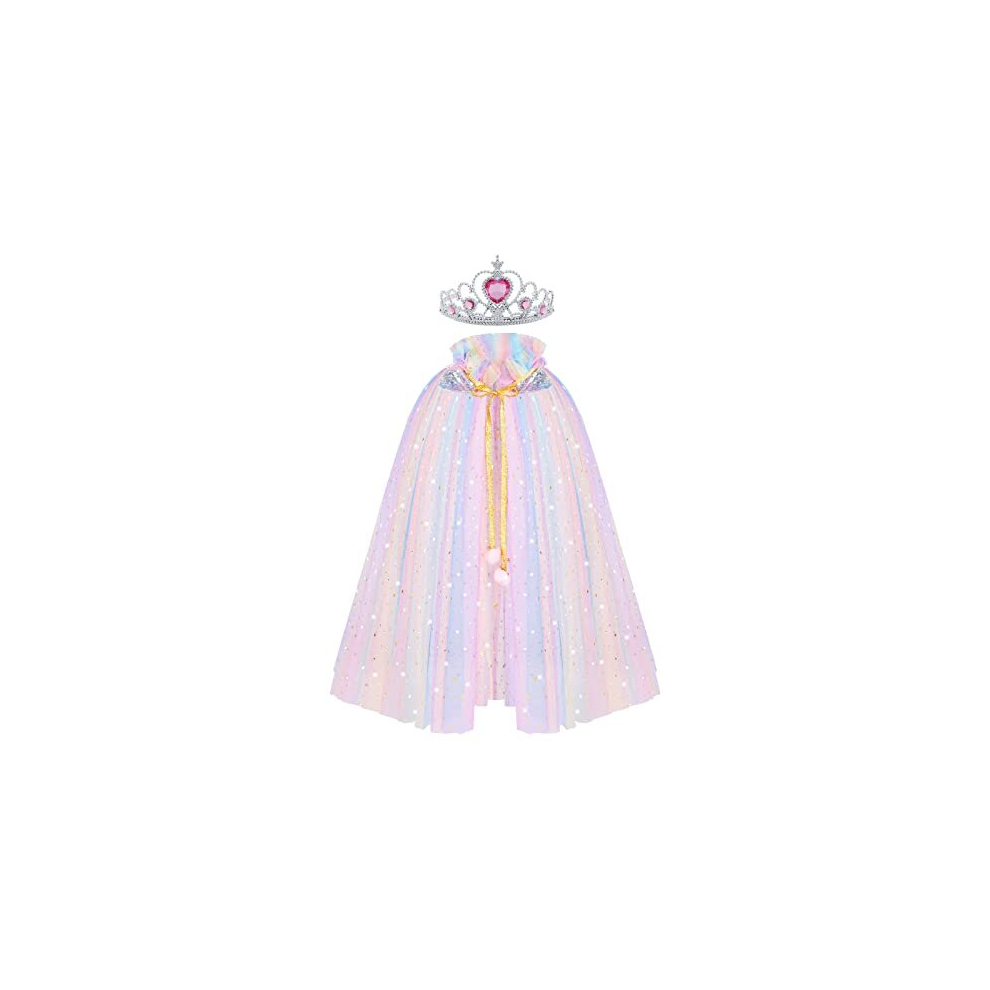 ACWOO Princess Cape for Girls, Colorful Princess Cloak with Crown, Princess Elsa Fancy Dress Up Sparkling Sequins Tulle Princess Cape Set for