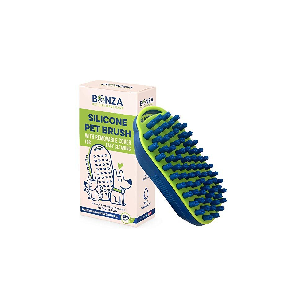 Bonza Cat and Dog Massage Brush, Easy to Clean Bath Brush with Removable Screen, Soft Silicone Bristles are Gentle Grooming on Your Pet, Curry Comb