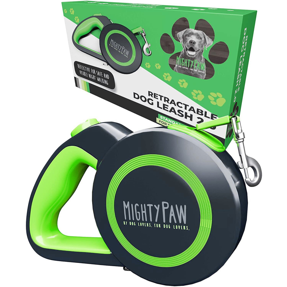 Mighty Paw Retractable Dog Lead 2.0 | 5 m Heavy Duty Reflective Extendable Dog Lead For Pets Up To 50 kg. Tangle Free Design W/One Touch Quick-Lock
