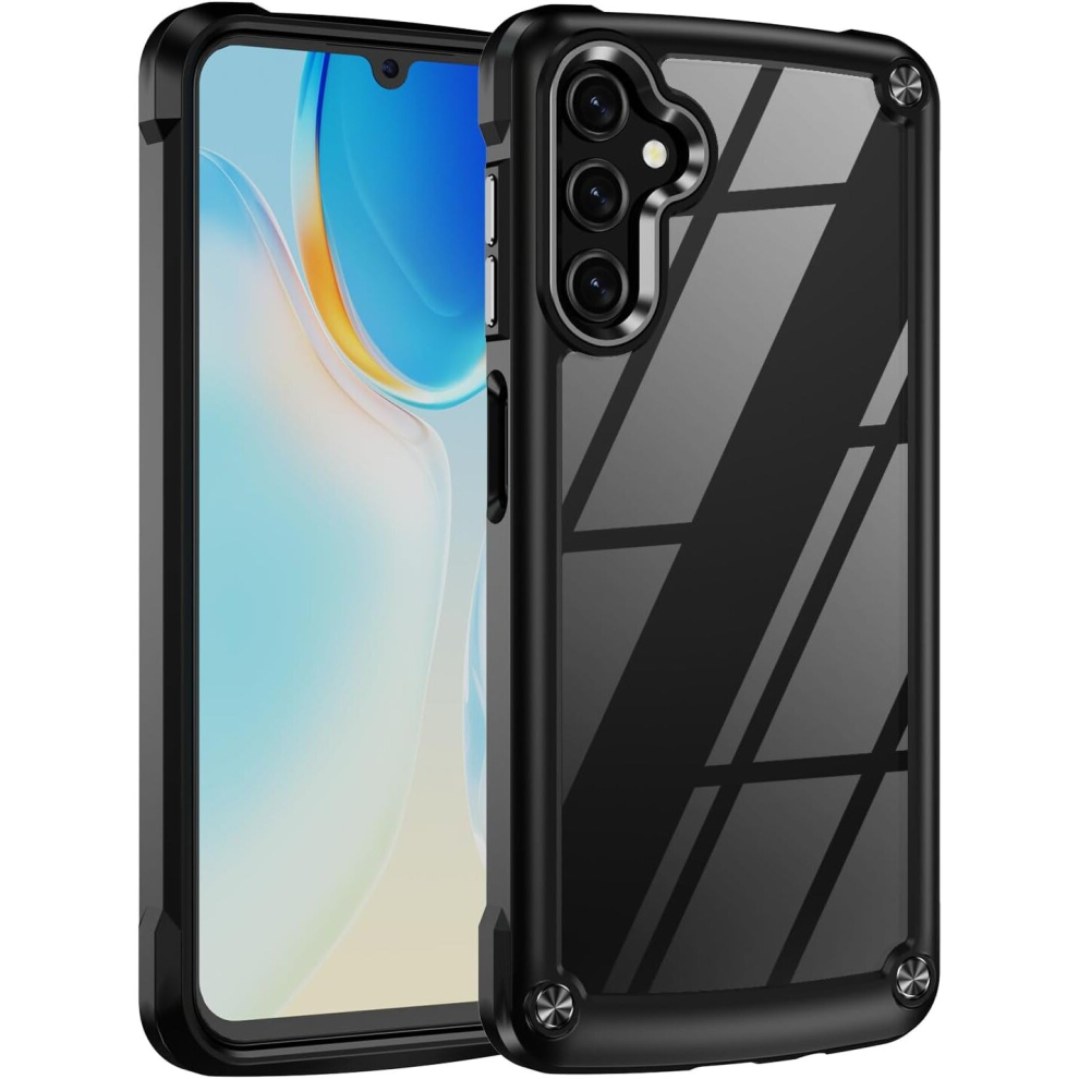 Premium Hybrid Tough Rugged Protective Bumper Case Heavy Duty Protection with Clear Hard Back Designed For Samsung A14 & A14 5G - Black