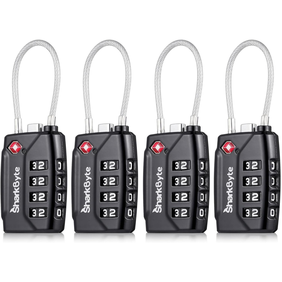 SharkByte TSA Suitcase Locks - 4-Dial Security Travel Combination Padlock, Flexible Cable Travel Lock for Suitcases Luggage Bag Gym Locker