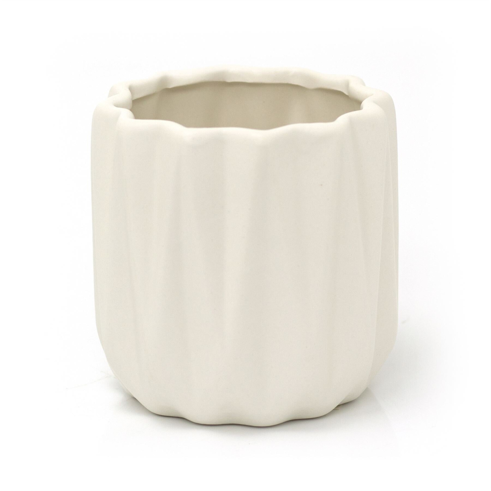 White Ceramic Ribbed Plant Pot | Decorative Cachepot Planter Indoor Planter Flower Pot | Contemporary White Geometric Planter - Medium