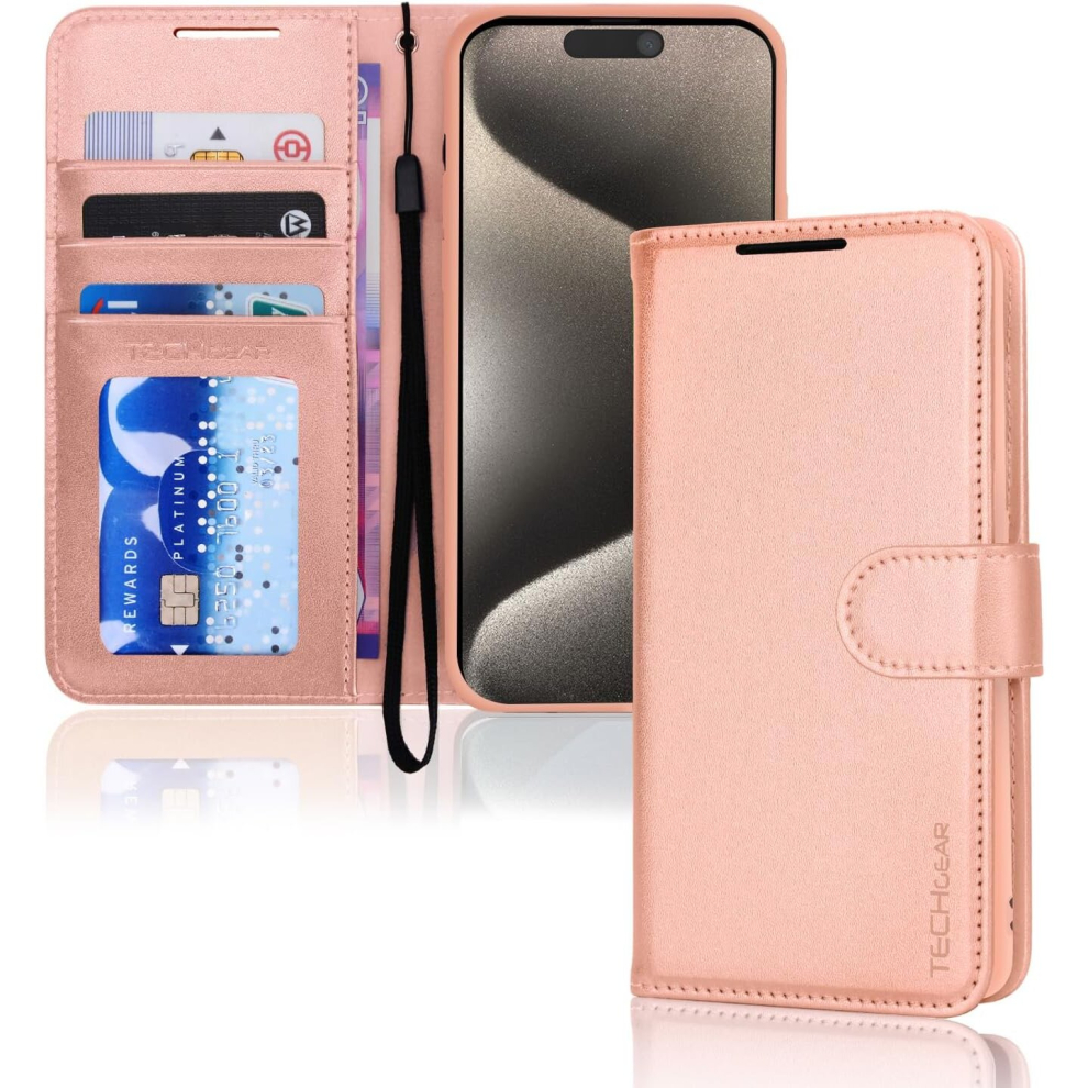 Techgear Appple Iphone 15 Pro Max Leather Wallet Case, Flip Protective Case Cover With Wallet Card Holder, Stand And Wrist Strap Pu Leather Case