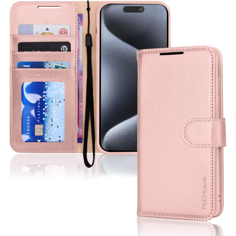 Apple iPhone 15 Pro Leather Wallet Case, Flip Protective Case Cover with Wallet Card Holder, Stand and Wrist Strap - PU Leather with Magnetic Closure