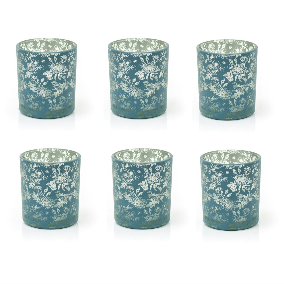 Pack Of 6 Botanical Love Tealight Holder | Beautiful Blue & Gold Floral Tea Light Candle Holder | Round Glass Votive Candle Pot - Small