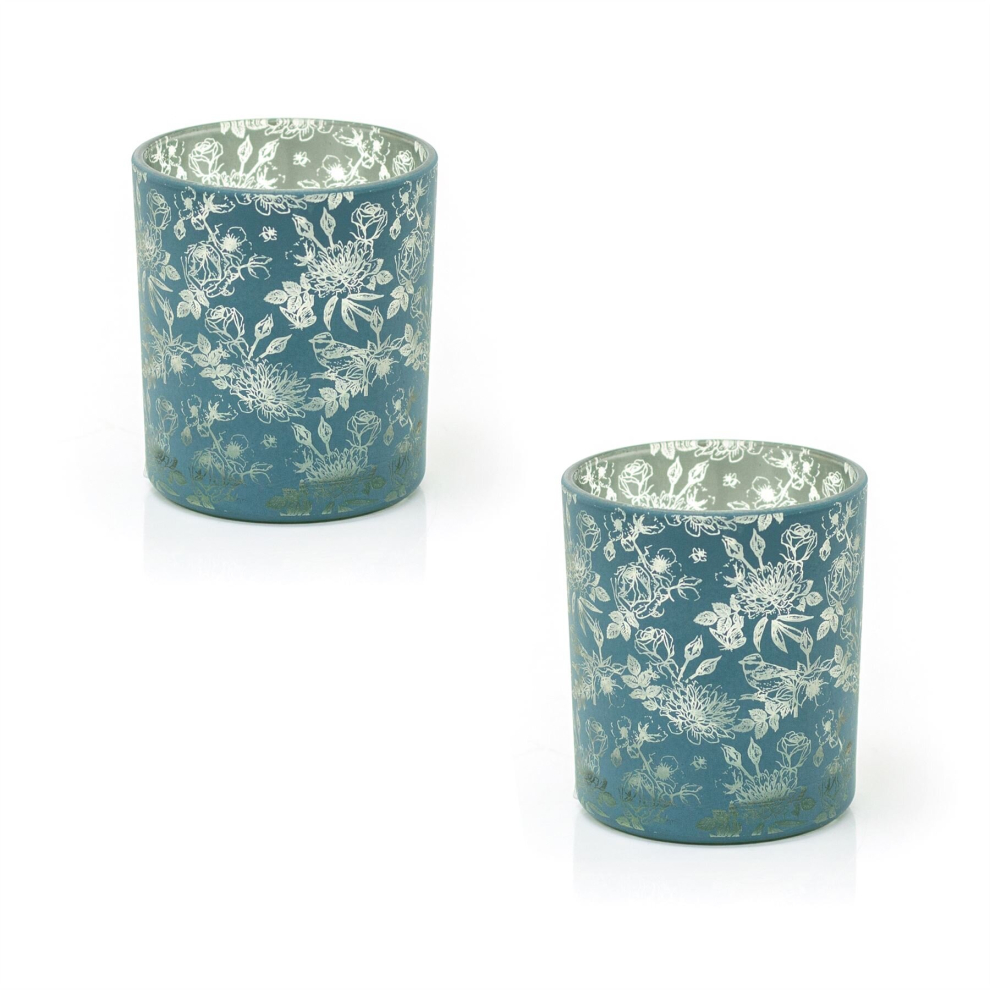 Pack Of 2 Botanical Love Tealight Holder | Beautiful Blue & Gold Floral Tea Light Candle Holder | Round Glass Votive Candle Pot - Small