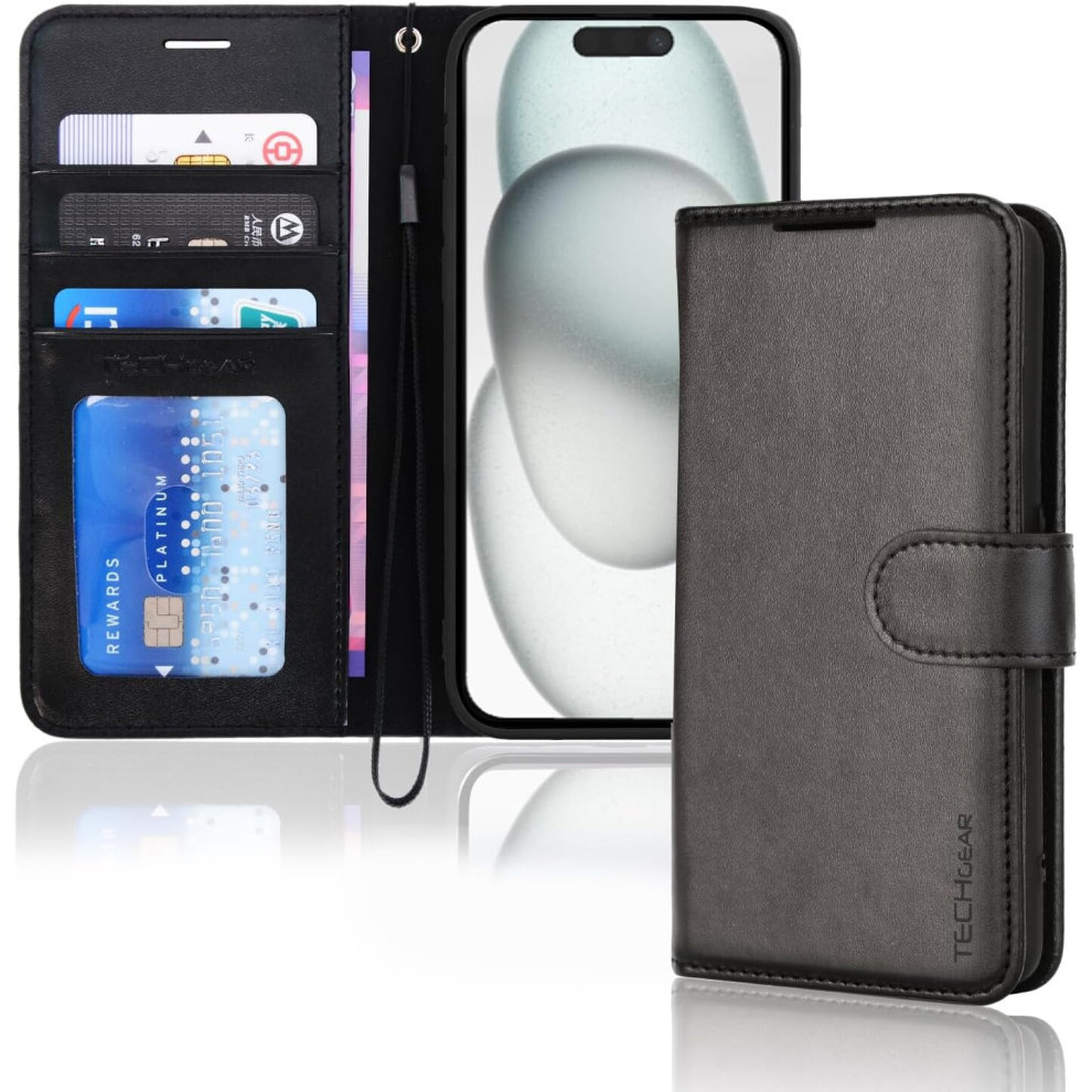 Apple iPhone 15 Plus Leather Wallet Case, Flip Protective Case Cover with Wallet Card Holder, Stand and Wrist Strap - PU Leather with Magnetic Closure