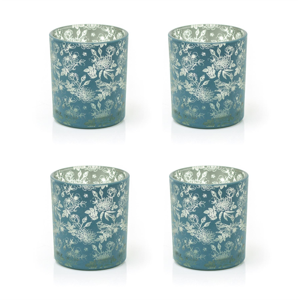 Pack Of 4 Botanical Love Tealight Holder | Beautiful Blue & Gold Floral Tea Light Candle Holder | Round Glass Votive Candle Pot - Small