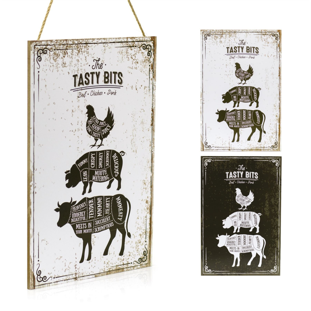 The Tasty Bits Wooden Hanging Plaque | Rustic Kitchen Wall Sign Beef Chicken Pork | Butchers Plaque Sign - Colour Varies One Supplied