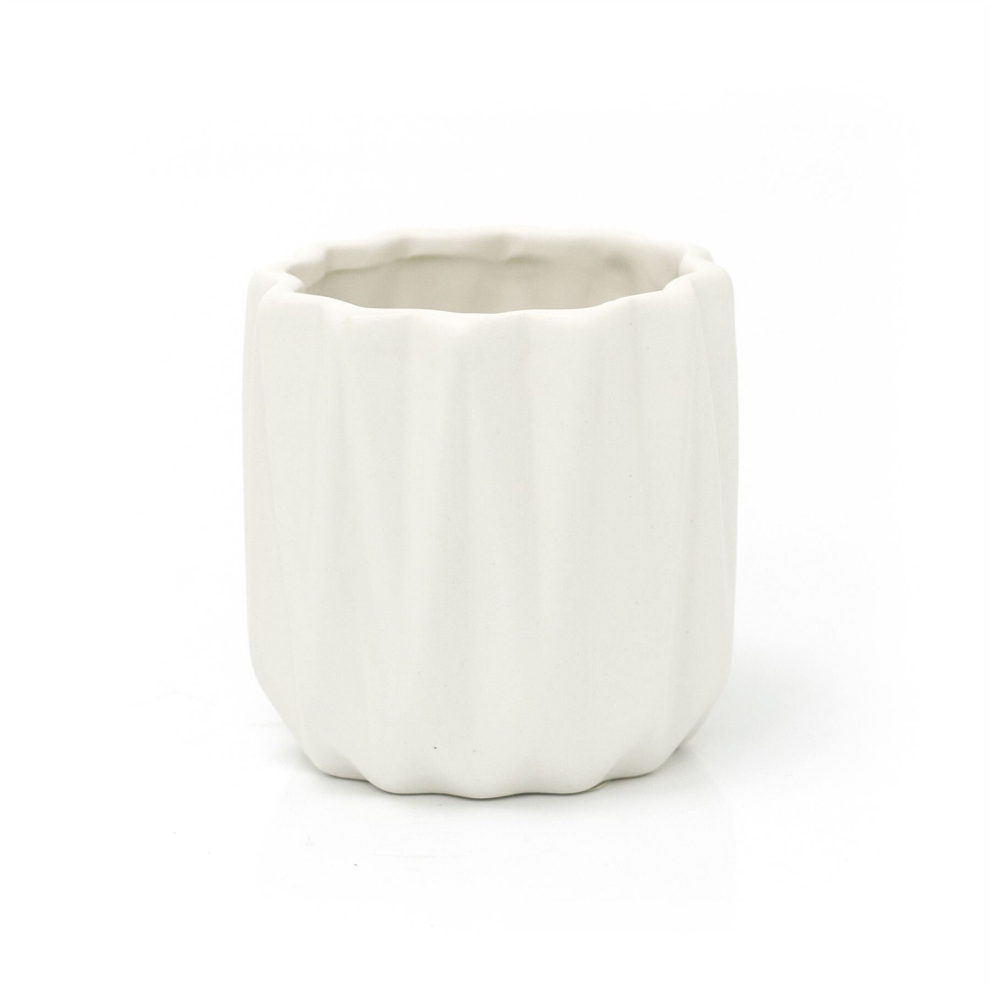 White Ceramic Ribbed Plant Pot | Decorative Cachepot Planter Indoor Planter Flower Pot | Contemporary White Geometric Planter - Small