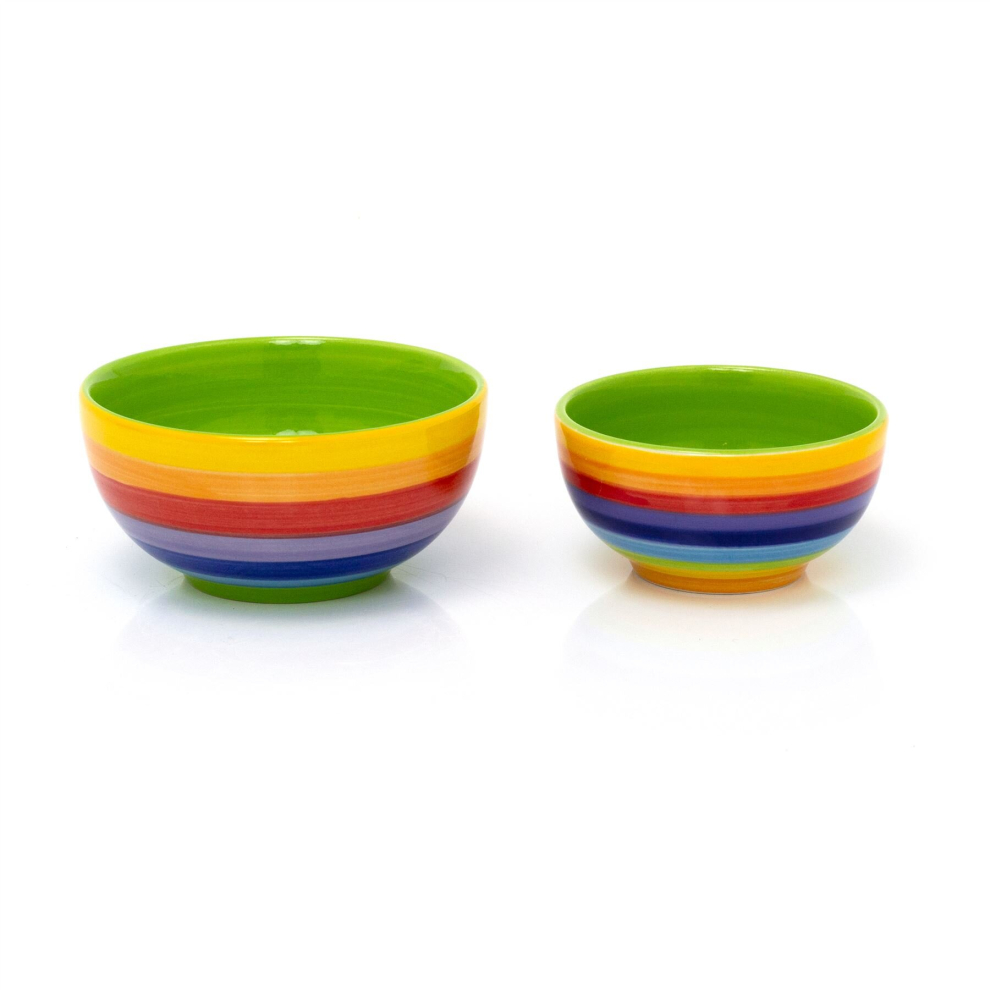 Hand Painted Rainbow Stripe Ceramic Set Of 2 Tapas Bowls | 2 Piece Snack Bowls Dipping Bowls Party Bowls | Duo Of Serving Bowls For Olives Nuts And Ni