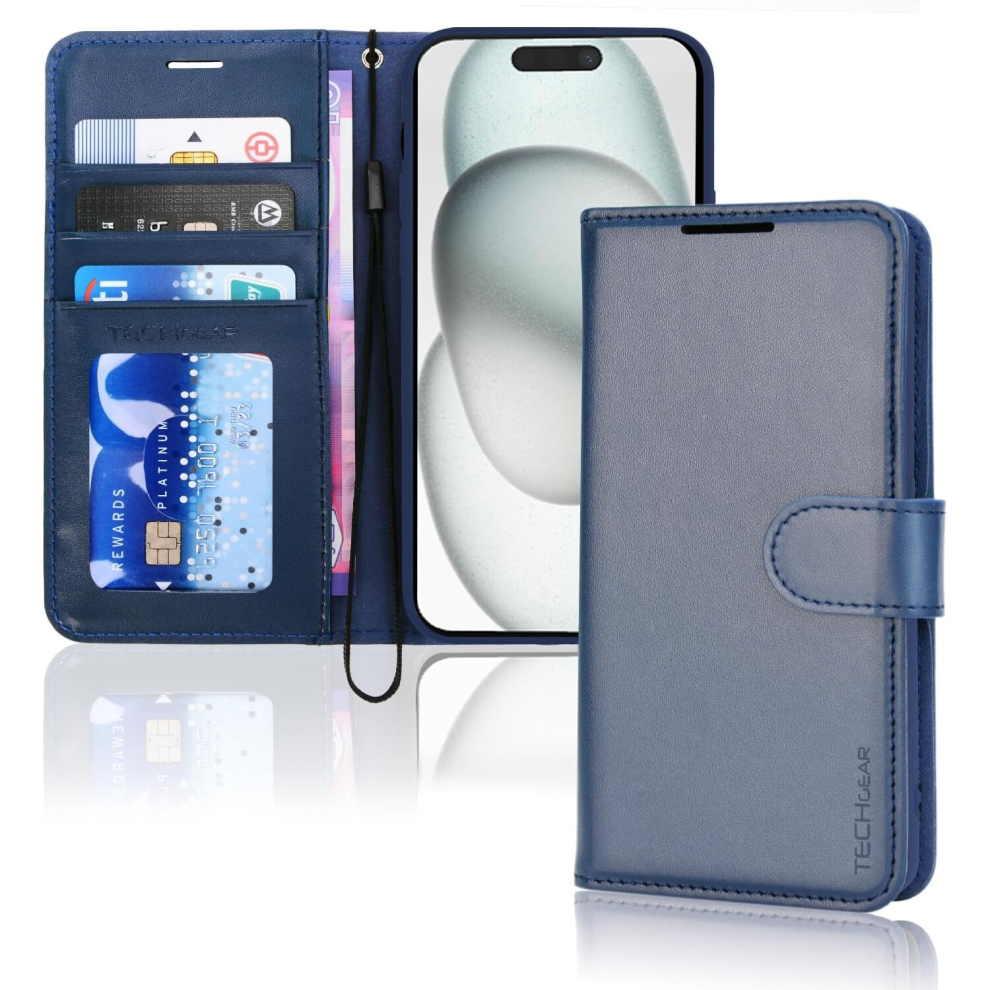 Techgear Apple Iphone 15 Leather Wallet Case, Flip Protective Case Cover With Wallet Card Holder, Stand And Wrist Strap Pu Leather Case With Magnetic Closure