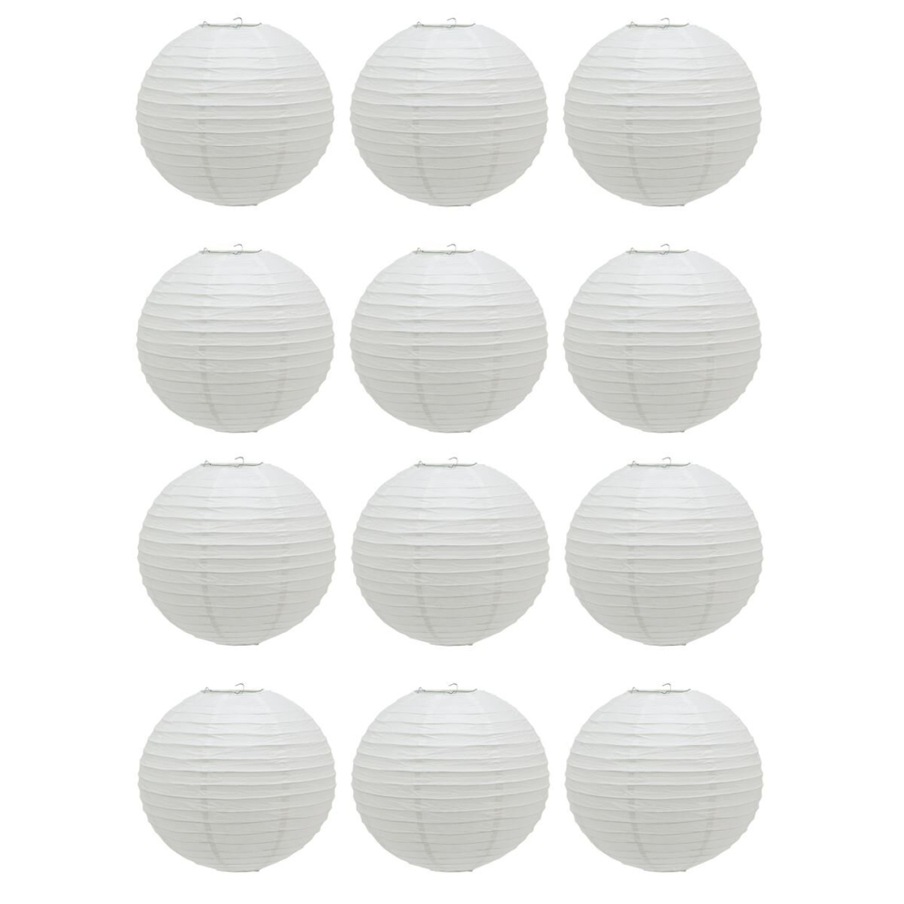 Pack of 12 x 30cm Round White Paper Light Shade Lantern | Classic Bamboo Style Ribbed Paper Lampshade | Hanging Circle Ceiling Lightshade