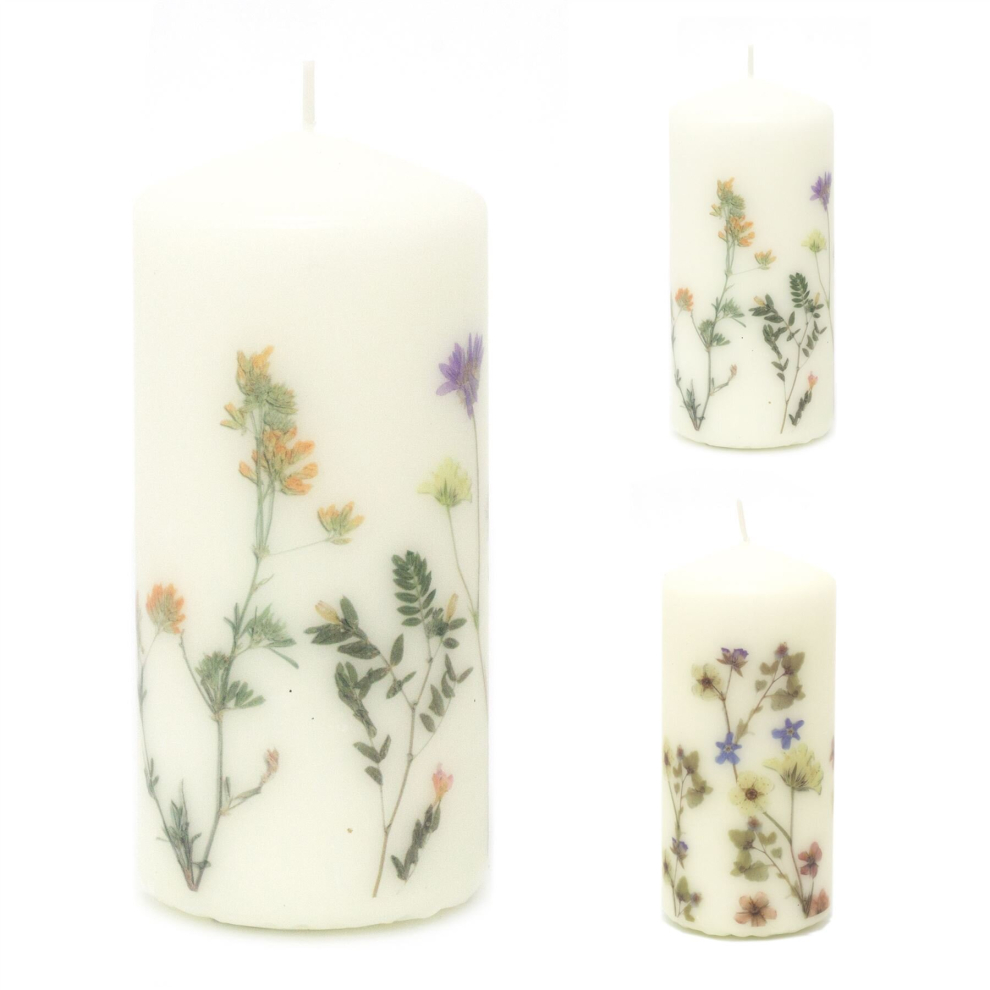 Les Fleurs Pillar Candle With Flowers | Botanical Unscented Candle Decorative Candles - Design Varies One Supplied
