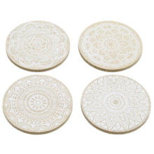 Set of 4 Geometric Mandala Flower Style Boho Wooden Drinks Coasters